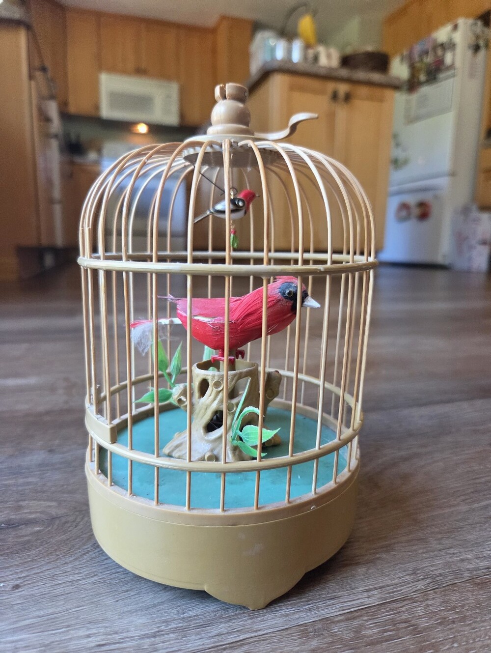 Vintage Red Chirping Bird with feathers in Hanging Birdcage Decor